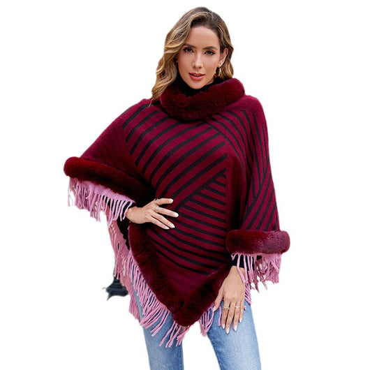 Poncho Tejido con Cuello de Piel y Borlas para Mujer - Image 11