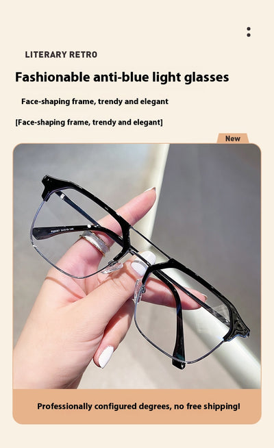 Anti-blue light glasses with a sand black and silver double beam frame, held against a white case. - Image 22