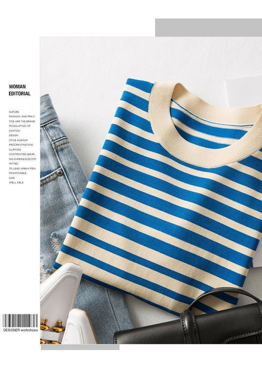 Blusa Holgada Ice Silk a Rayas con Cuello Redondo para Mujer - Image 17