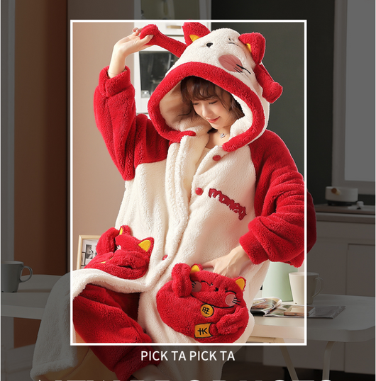 Family of four wearing matching red and cream coral velvet hooded pajamas with embroidered 'money' text and cute pockets. - Image 3