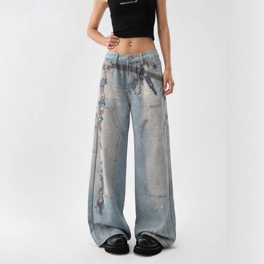 Pantalones Anchos Estilo Retro Americano con Estampado 3D Lavado