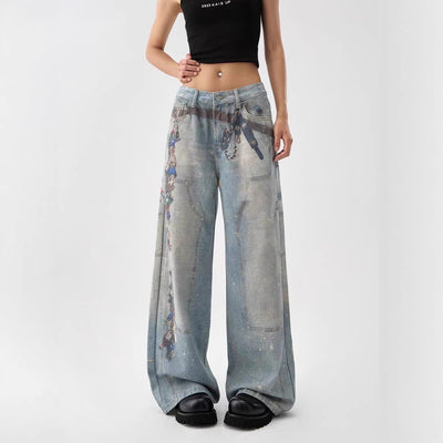 Pantalones Anchos Estilo Retro Americano con Estampado 3D Lavado