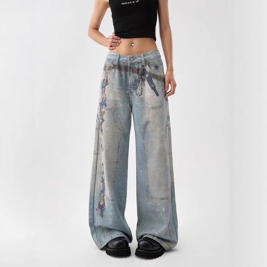 Pantalones Anchos Estilo Retro Americano con Estampado 3D Lavado