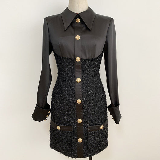 Vestido de Otoño e Invierno con Botones de León y Costuras de Satén - Image 7