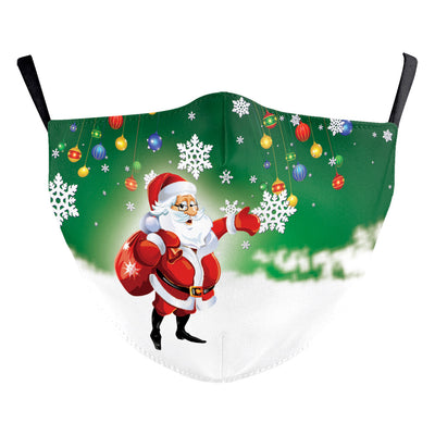 White Christmas dust mask with a digital print of a tabby cat wearing a red Santa hat and a large red bow. - Image 5