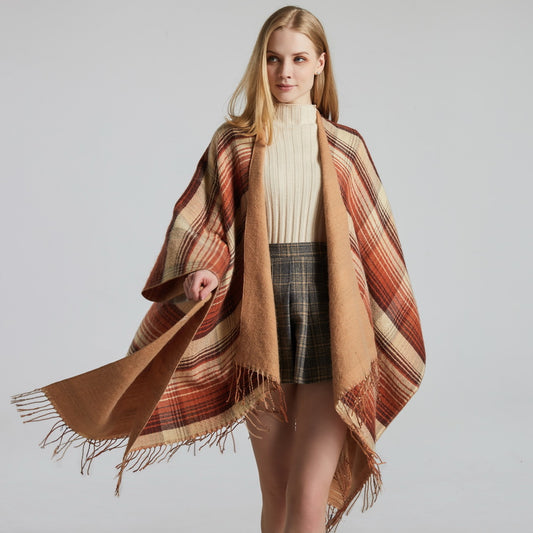 Poncho Cuadros Colorido de Cachemir Sintético con Borlas