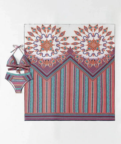 Women's three-piece bikini set with a colorful striped and geometric pattern, featuring a halter top, high-waisted bottoms, and a matching sheer cover-up, on a - Image 19