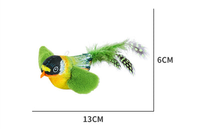 Colorful bird cat toy with green fluffy wings, black head, yellow face, orange beak, and spotted tail feathers. - Image 28