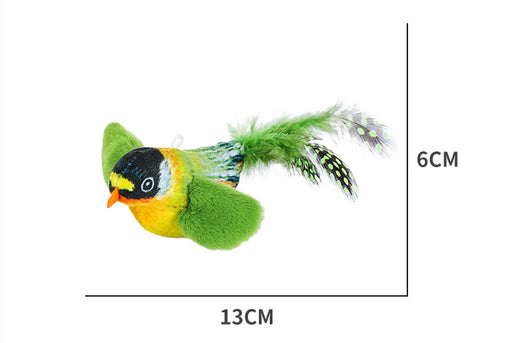 Colorful bird cat toy with green fluffy wings, black head, yellow face, orange beak, and spotted tail feathers. - Image 28