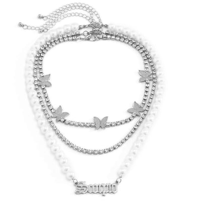 Conjunto de Collar Mariposa con Perlas de Imitación y Letras Vintage - Image 12