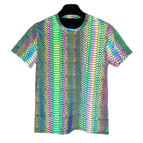 Camiseta Láser Reflectante Estampado Serpiente Colores Vibrantes