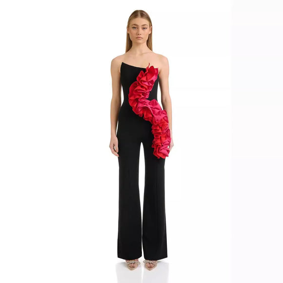 Jumpsuit Elegante Rojo con Aplicaciones y Escote Tubo