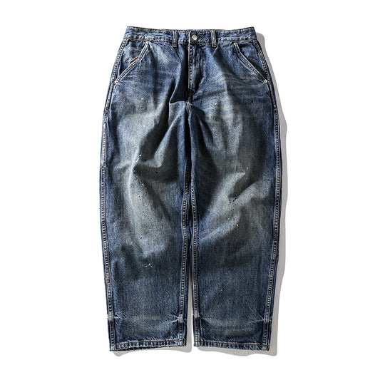 Jeans Rectos Cropped con Efecto Vintage Desteñido y Salpicaduras de Tinta