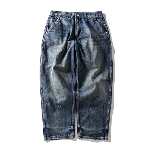 Jeans Rectos Cropped con Efecto Vintage Desteñido y Salpicaduras de Tinta