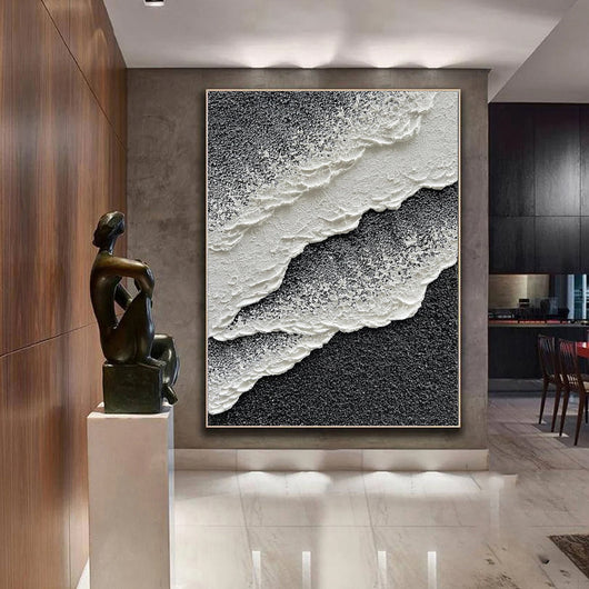 Cuadro Abstracto Olas del Mar 3D - Arte Moderno en Lienzo Pintado a Mano Estilo Minimalista Blanco y Negro - Image 2