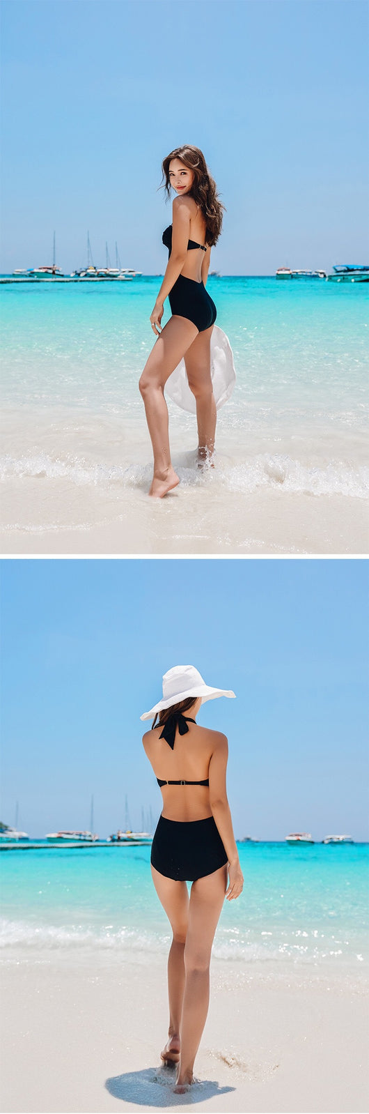 Woman wearing a taupe ribbed one-piece swimsuit with a halter neckline and twisted bust detail on a sandy beach. - Image 13