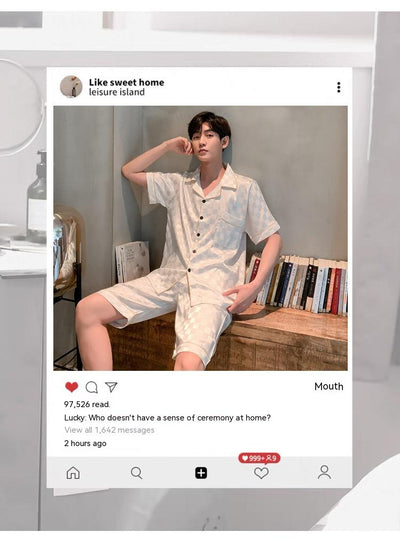Pijama Hombre Verano Seda Hielo Talla Grande Manga Corta Jacquard Suave - Image 18