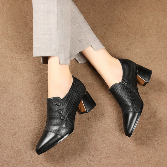 Zapatos de Tacón Grueso Punta Fina Talla Grande Mujer - Blanco Crema