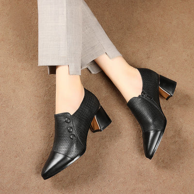 Zapatos de Tacón Grueso Punta Fina Talla Grande Mujer - Blanco Crema