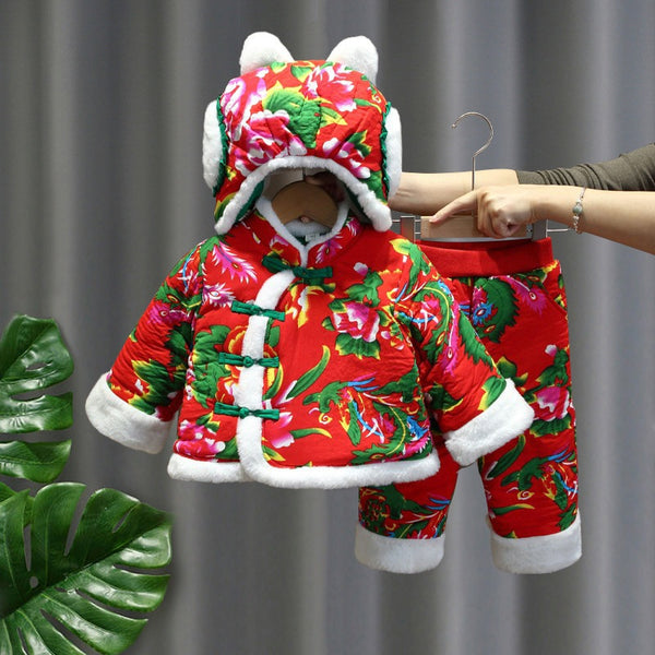 Abrigo Floral Acolchado para Niña - Conjunto de Invierno con Pantalón