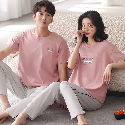 Matching red cotton couple pajamas with short sleeves, long pants, gold piping, and "Love you Dnaw" embroidery. - Image 9