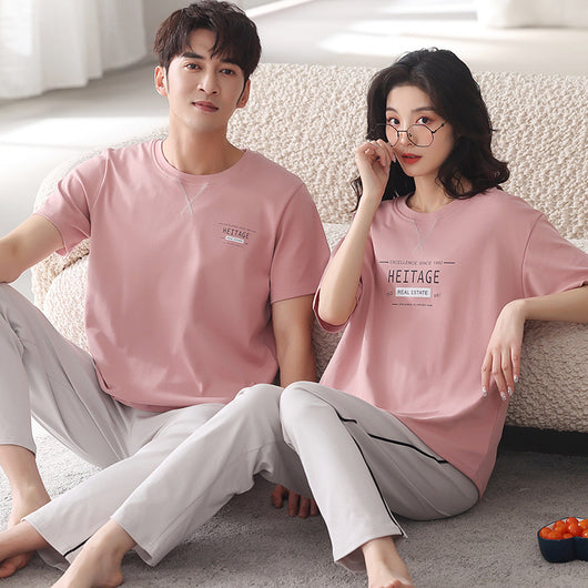 Matching red cotton couple pajamas with short sleeves, long pants, gold piping, and "Love you Dnaw" embroidery. - Image 9