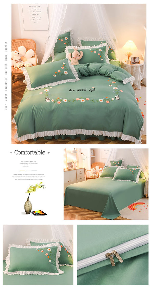 Juego de Cama de 3 Piezas para Cama Individual con Edredón de Volantes