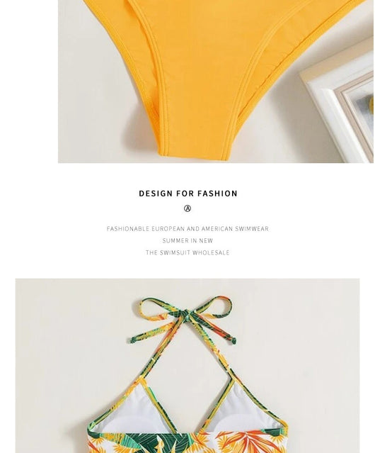 Women's two-piece swimsuit with a green, yellow, and orange tropical floral print halter top and solid yellow high-waisted bikini bottoms. - Image 14