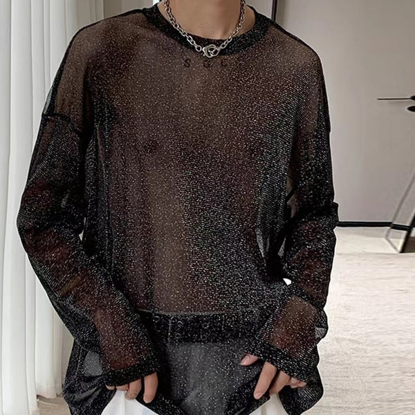 Blusa Mesh Transparente con Hombros Caídos y Mangas Largas