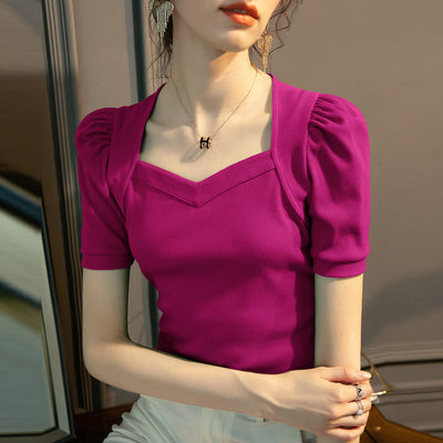 Blusa Manga Abullonada Cuello Diamante Mujer - Colores Sólidos - Image 4