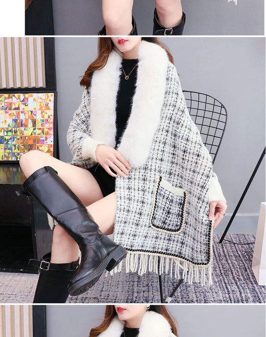 Poncho Cárdigan de Invierno con Cuello de Pelaje Sintético y Borlas - Talla Grande - Image 9