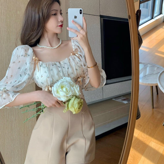 Blusa Hada Dulce con Manga Abullonada y Hombros Descubiertos en Chifón Floral - Image 9