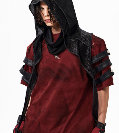 Camiseta Roja Patchwork de Cuero Oscuro Teñida a Mano - Image 14