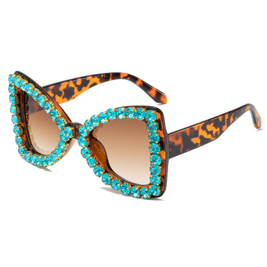 Pink butterfly frame sunglasses with purple gradient lenses and sparkling purple rhinestone embellishments. - Image 12