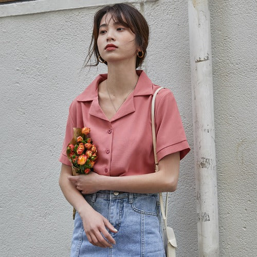 Blusa Elegante de Gasa con Cuello Solapa - Camisa Sofisticada de Manga Corta para Mujer