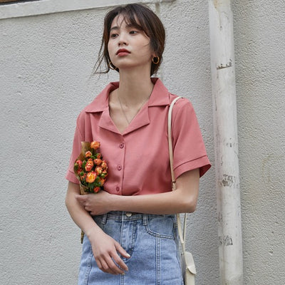 Blusa Elegante de Gasa con Cuello Solapa - Camisa Sofisticada de Manga Corta para Mujer