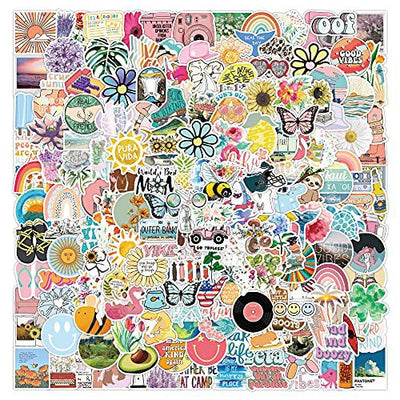 200 assorted waterproof PVC stickers featuring diverse designs like sunflowers, butterflies, rainbows, travel scenes, and positive quotes. - Image 15