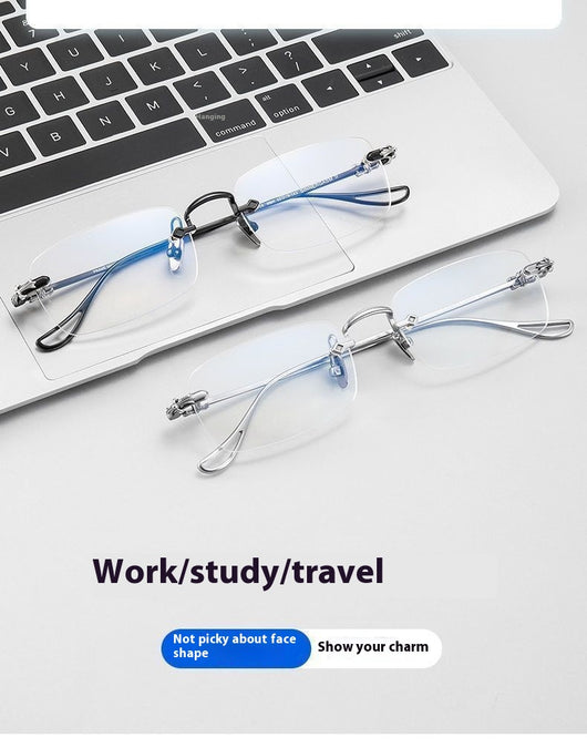 Silver rimless reading glasses with clear lenses held by a hand, featuring decorative temples and smart zoom technology. - Image 10
