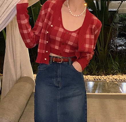 Conjunto de Camisola y Suéter a Cuadros Retro para Mujer