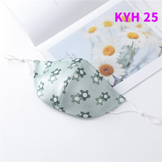 White silk face mask with light blue floral pattern and adjustable ear loops for women's sun protection. - Image 26