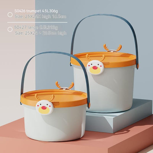 Two plastic storage buckets, one small and one large, with light blue bodies and orange lids featuring cartoon reindeer faces. - Image 21