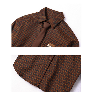 Camisa Preppy de Cuadros con Corbata Integrada de Manga Larga para Mujer - Image 9