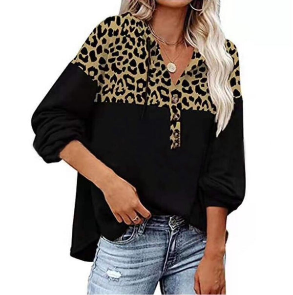 Sudadera Estampado Leopardo Suelta con Capucha Manga Larga para Mujer