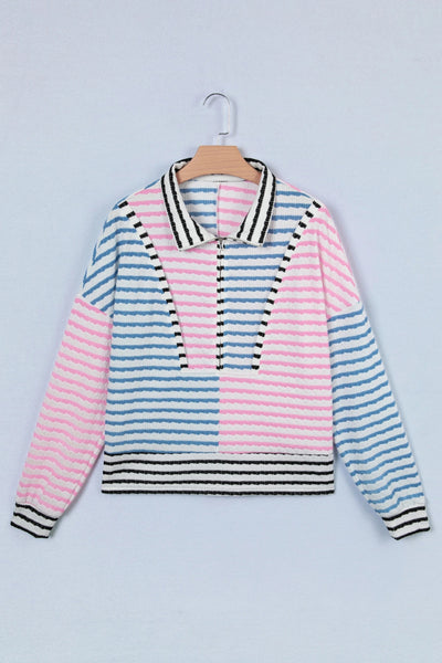Blusa Oversized Patchwork a Rayas Multicolor con Hombro Caído - Image 2