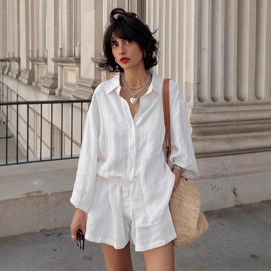 Conjunto de Lino Suelto para Mujer - Camisa y Shorts 100% Algodón