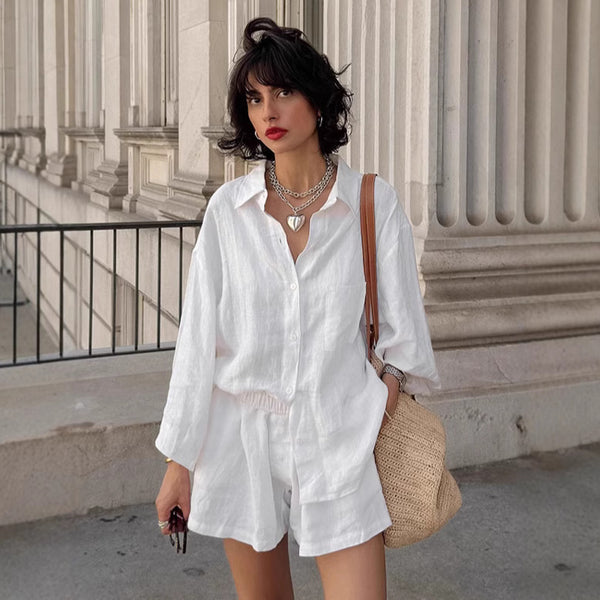 Conjunto de Lino Suelto para Mujer - Camisa y Shorts 100% Algodón