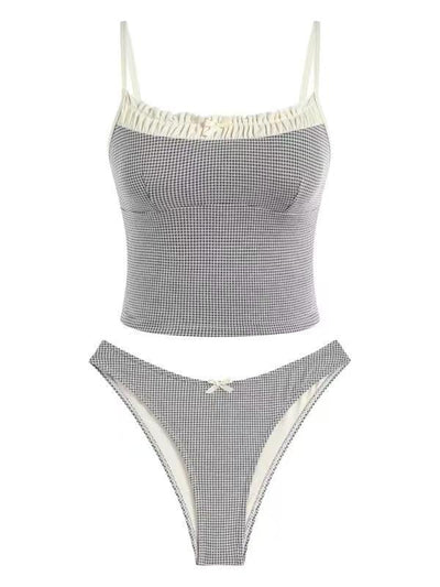 Gingham two-piece swimsuit with a camisole top featuring ruffled trim and a bow, paired with high-cut bikini bottoms. - Image 6