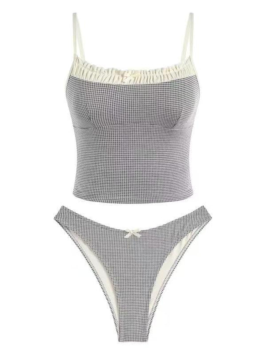 Gingham two-piece swimsuit with a camisole top featuring ruffled trim and a bow, paired with high-cut bikini bottoms. - Image 6