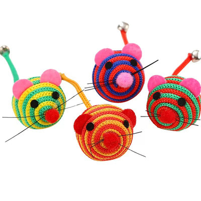 Four colorful nylon rope cat toys shaped like mice, with striped patterns, felt ears, pom-pom noses, and string whiskers. Some have small bells. - Image 4