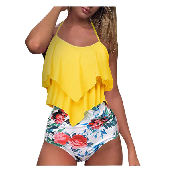 Traje de Baño Mujer con Halter Doble Volante y Refuerzo en el Pecho